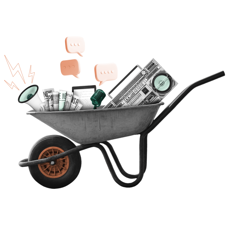 Construction wheelbarrow with amplion, newspaper, radio