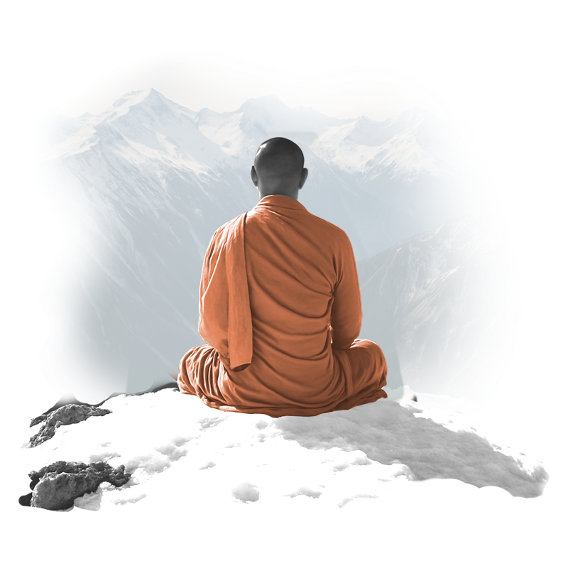 A monk meditating on a mountain top