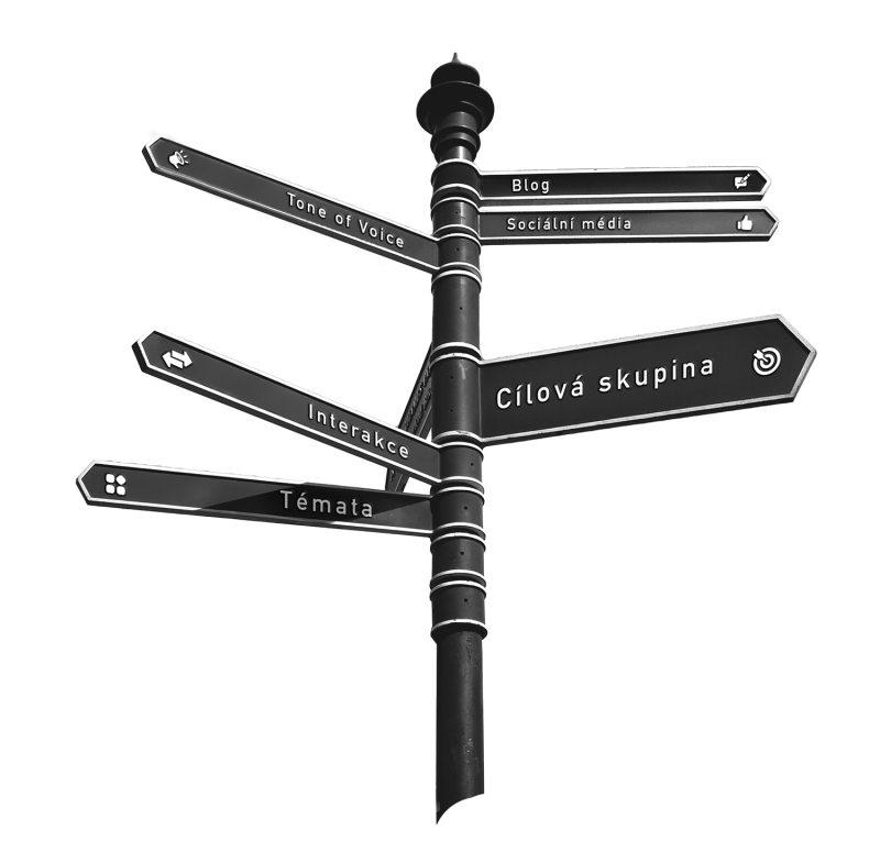 A signpost with aspects of the communication strategy (target group, tone of voice, channels, etc.)