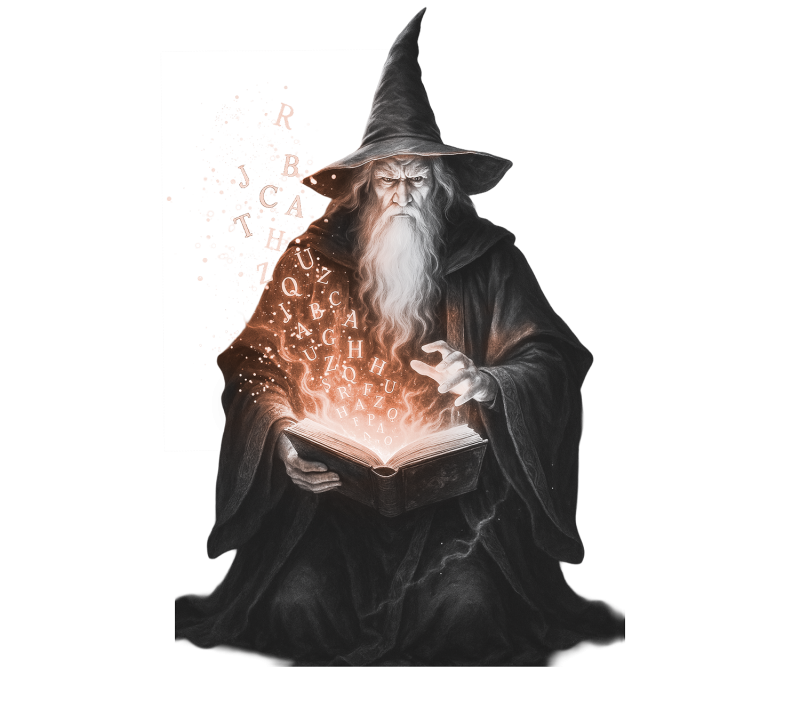 A wizard with a spellbook with flying letters