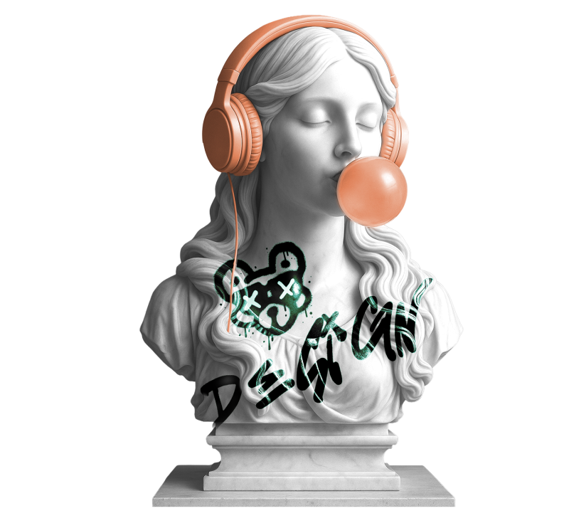 Spray-painted bust with headphones and gum