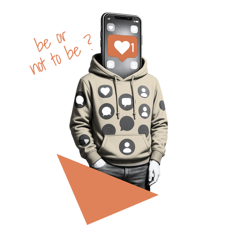 A man with a smartphone for a head, icons on the screen and on his sweatshirt