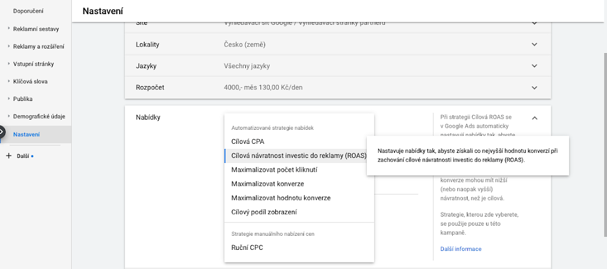 Sample of the Google ads interface