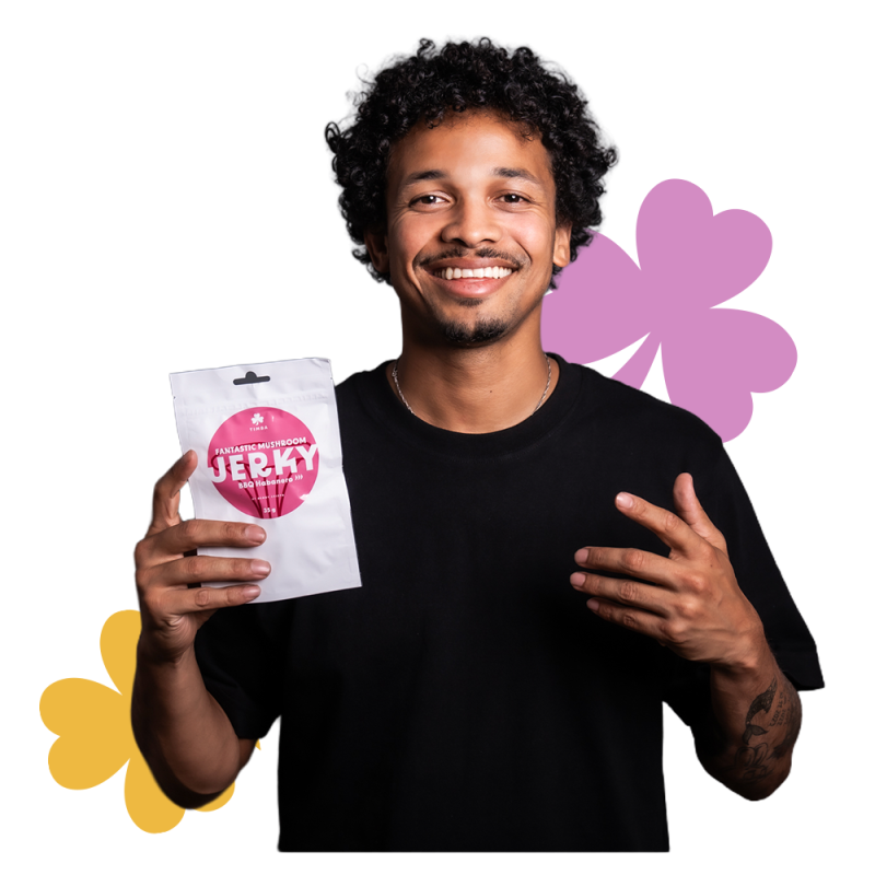 Benny Cristovao se sáčkem houbových jerky od Timby