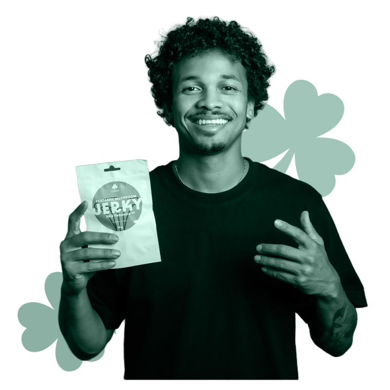 Benny Cristovao se sáčkem houbových jerky od Timby