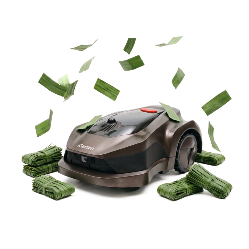 A robotic lawn mower, wads of cash, and banknotes flying around