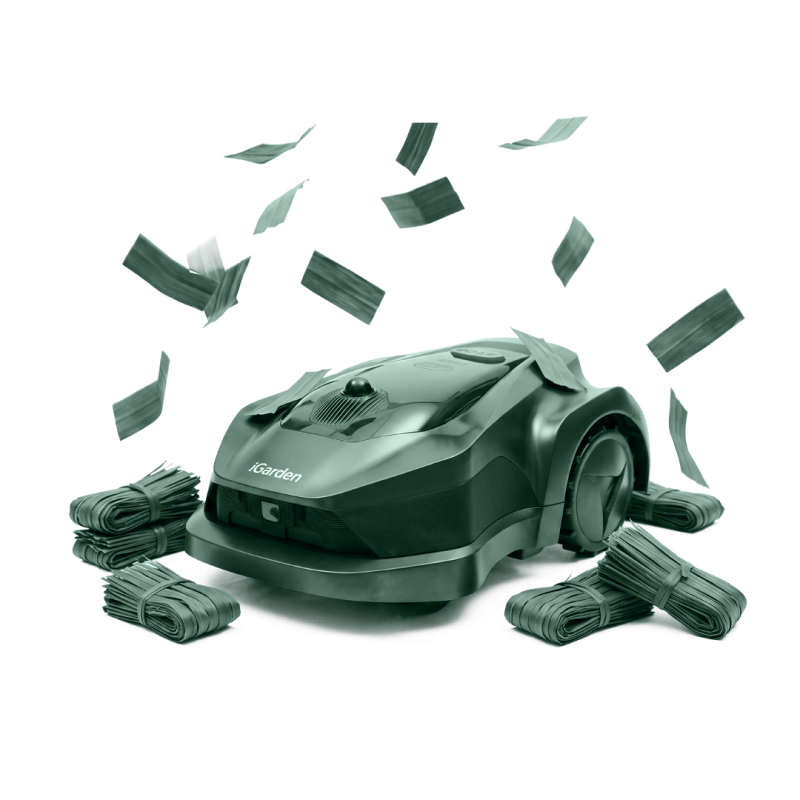 A robotic lawn mower, wads of cash, and banknotes flying around