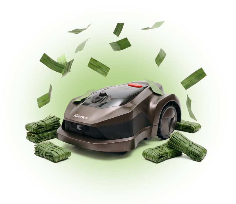 A robotic lawn mower, wads of cash, and banknotes flying around