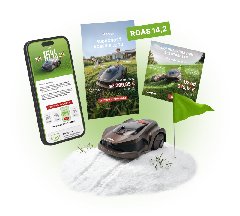 A robotic lawn mower on a snow-covered hill with a green train, banner mockups, and a newsletter