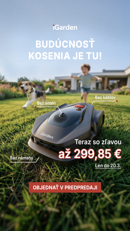 Sample banner for the iGarden robotic lawn mower (lawn mower driving across the grass, a child with a dog in the background, text highlighting the benefits)
