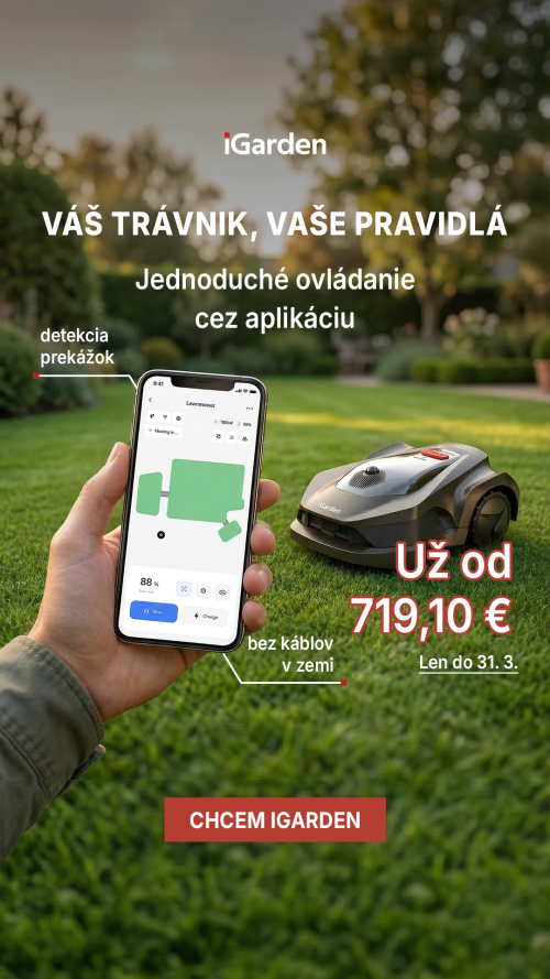 Preview of a banner for the iGarden robotic lawn mower (the mower moving across the grass, a hand holding a cell phone controlling the mower’s app, text highlighting the benefits)
