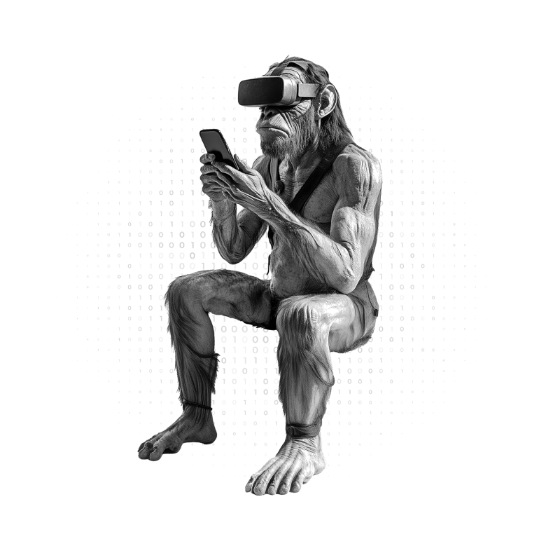 Neanderthal with 3D glasses and mobile phone
