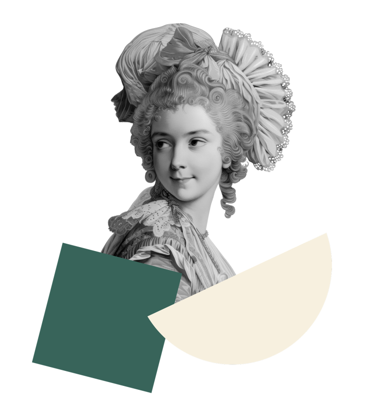 A woman in a baroque dress with a wig and a corset