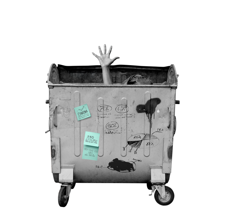 A trash can with a hand sticking out of it, throwing bills into the air