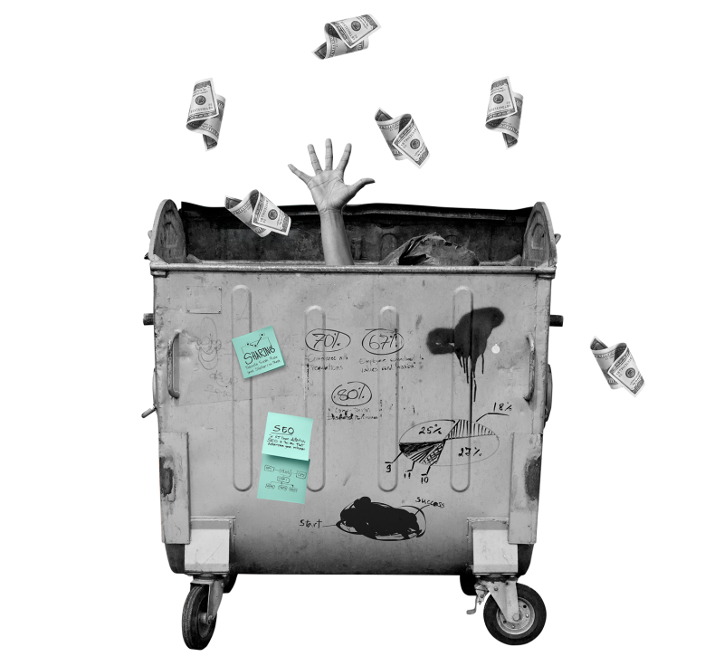 A trash can with a hand sticking out of it, throwing bills into the air
