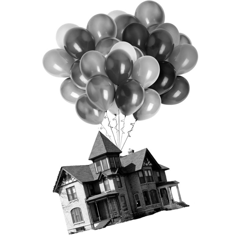 House flying upwards thanks to attached balloons