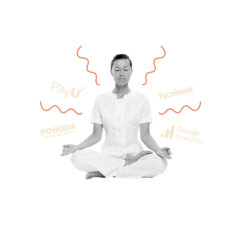 Meditating woman with logos of social networks, payment gateways and the like