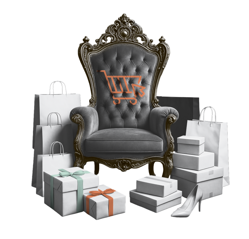 Throne with a drawing of a shopping cart surrounded by packages