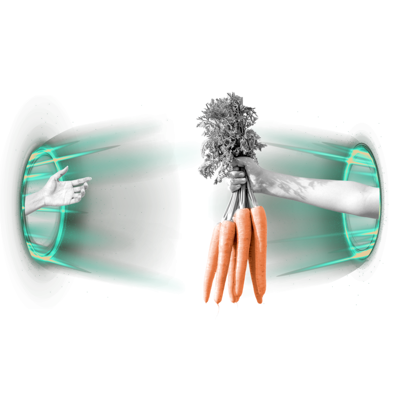 Hands shaking a bunch of carrots through a magical portal