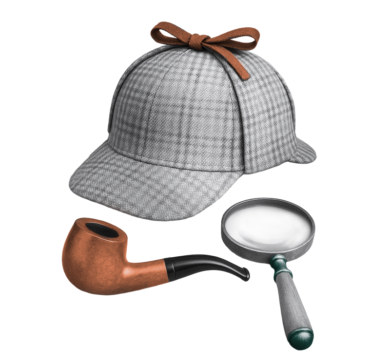 magnifying glass, pipe and Sherlock Holmes-style hat