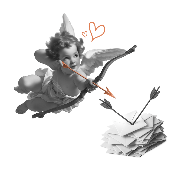 Cupid shooting arrows at letters